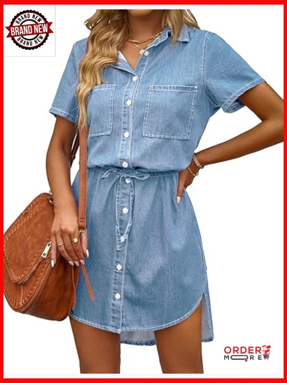 Casual Denim Dress Short Sleeve Tie Waist Classic Jean Shirt Dress